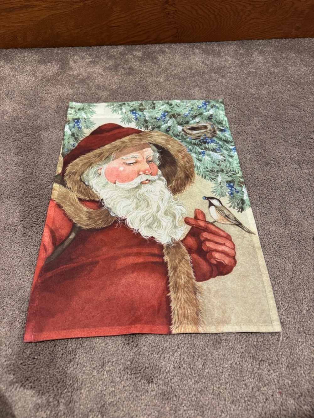 Sandi Gore Evans Santa & Bird Christmas Garden Flag 12.5x18 Winter Holiday Decor